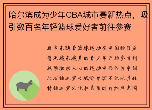 哈尔滨成为少年CBA城市赛新热点，吸引数百名年轻篮球爱好者前往参赛